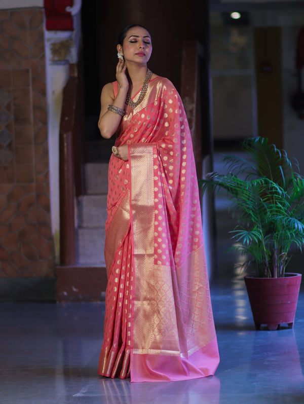 Banarasee Handwoven Georgette Saree With Zari Buta Design & Border-Peachy Pink
