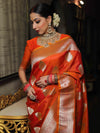 Banarasee Handwoven Semi-Katan Tanchoi Weaving Floral Border Saree-Orange