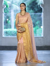 Bhagalpur Handloom Pure Linen Cotton Saree With Zari Stripes Design-Peach & Gold