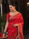 Banarasee Handwoven Silk Cotton Saree Antique Zari Buti & Border With Lace-Red
