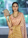 Bhagalpur Handloom Pure Linen Cotton Saree With Zari Stripes Design-Peach & Gold
