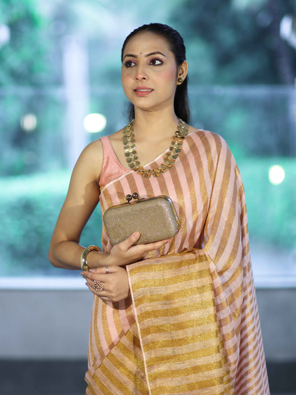 Bhagalpur Handloom Pure Linen Cotton Saree With Zari Stripes Design-Peach & Gold