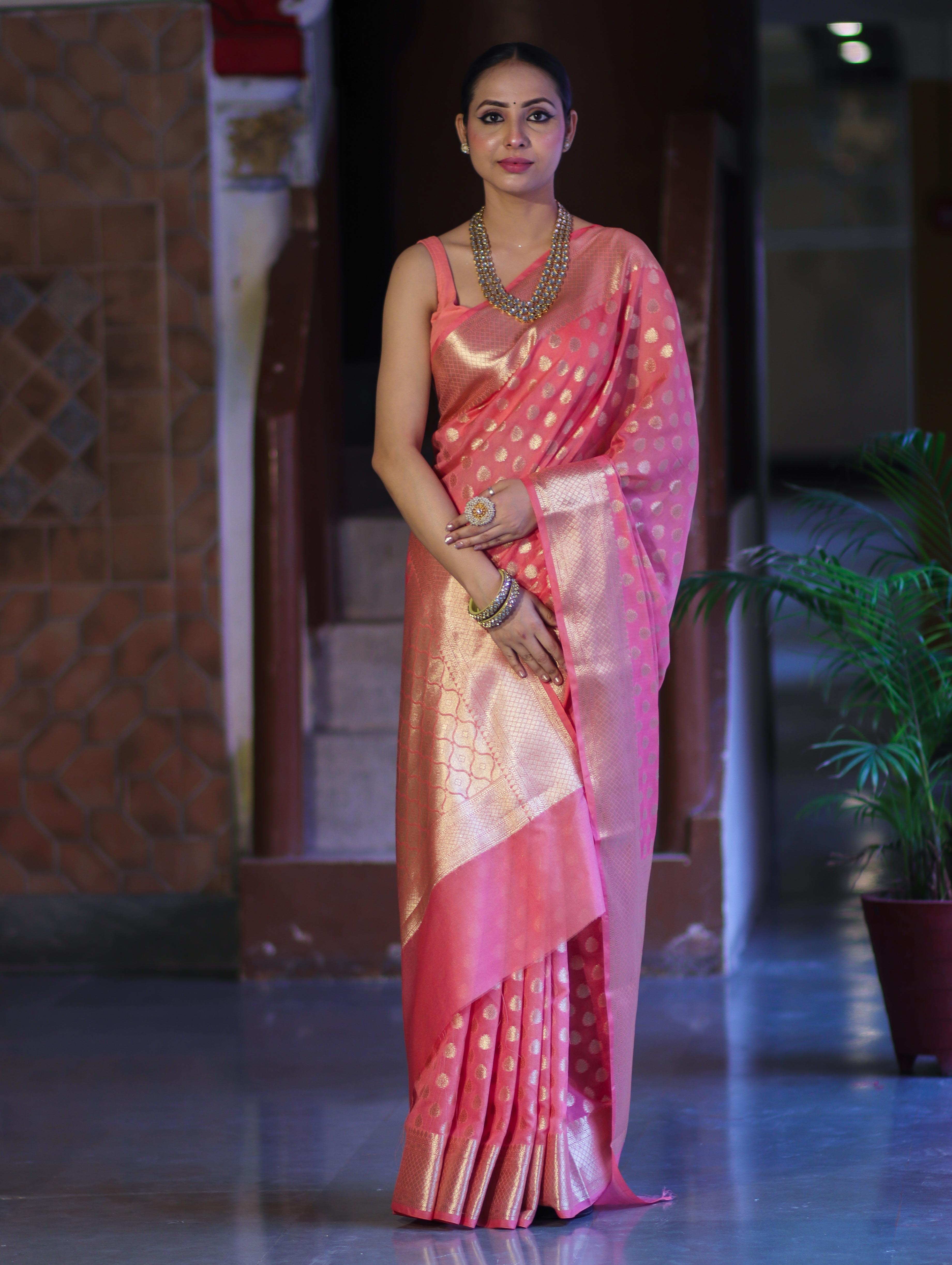 Banarasee Handwoven Georgette Saree With Zari Buta Design & Border-Peachy Pink