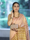 Bhagalpur Handloom Pure Linen Cotton Saree With Zari Stripes Design-Peach & Gold