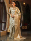 Banarasee Handwoven Tissue Saree With Silver Zari Jaal Design & Broder-Silver