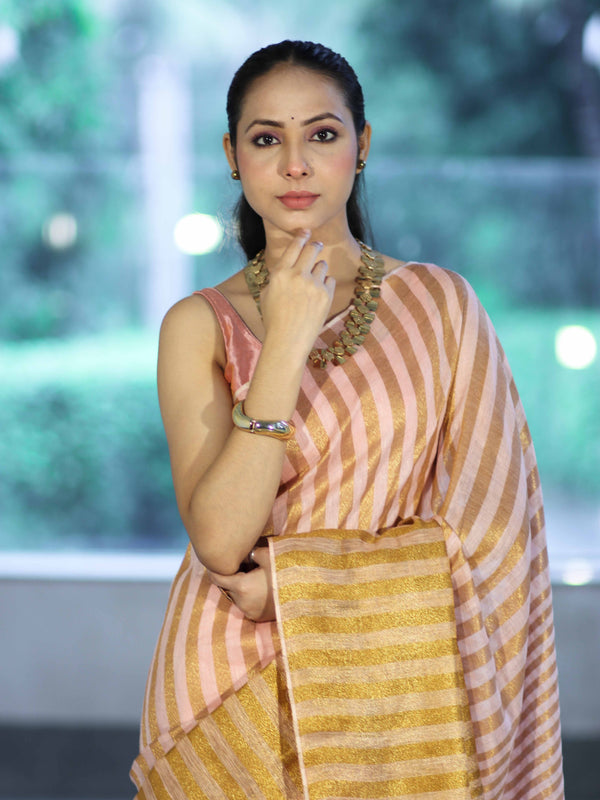Bhagalpur Handloom Pure Linen Cotton Saree With Zari Stripes Design-Peach & Gold