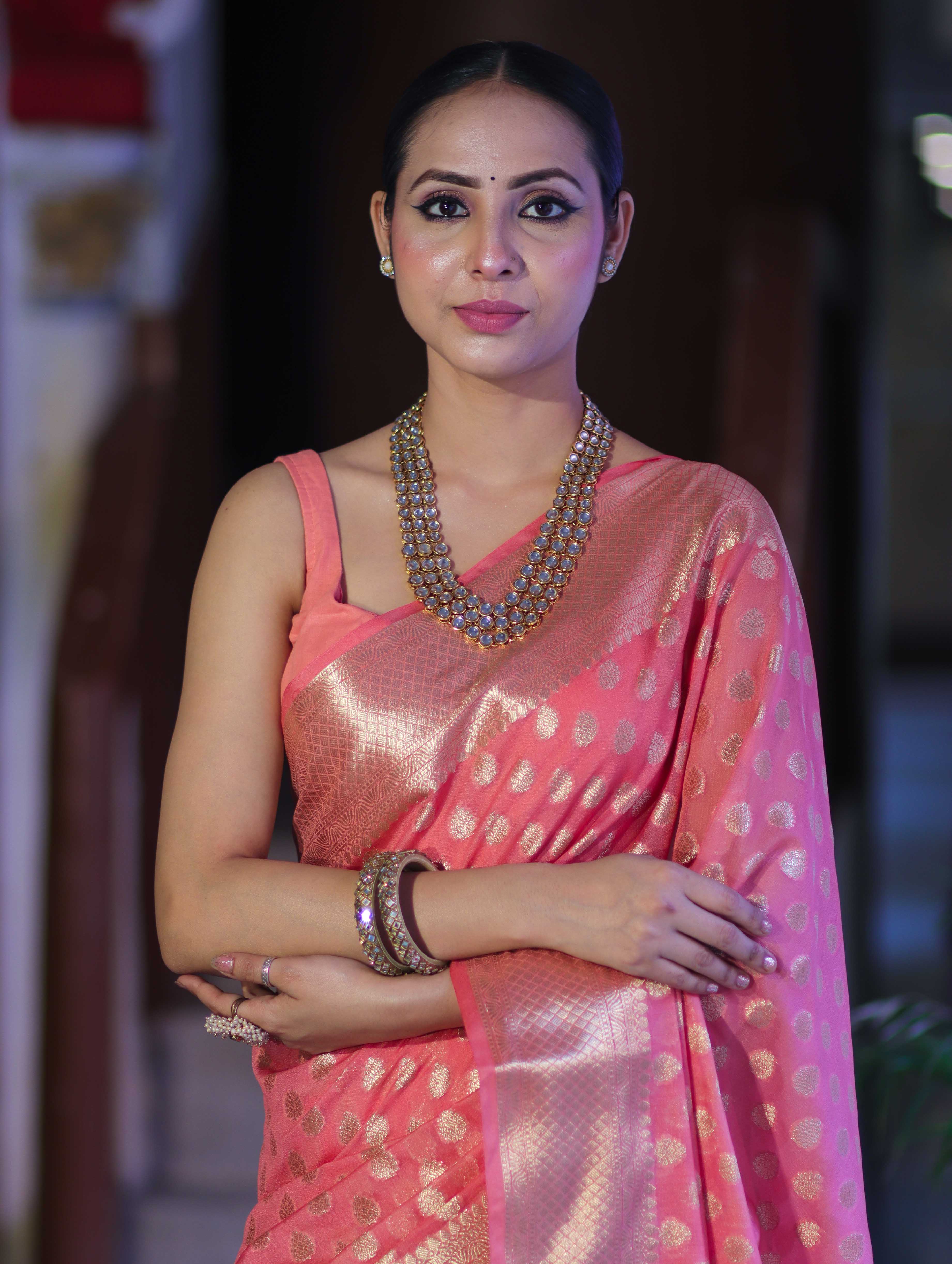 Banarasee Handwoven Georgette Saree With Zari Buta Design & Border-Peachy Pink