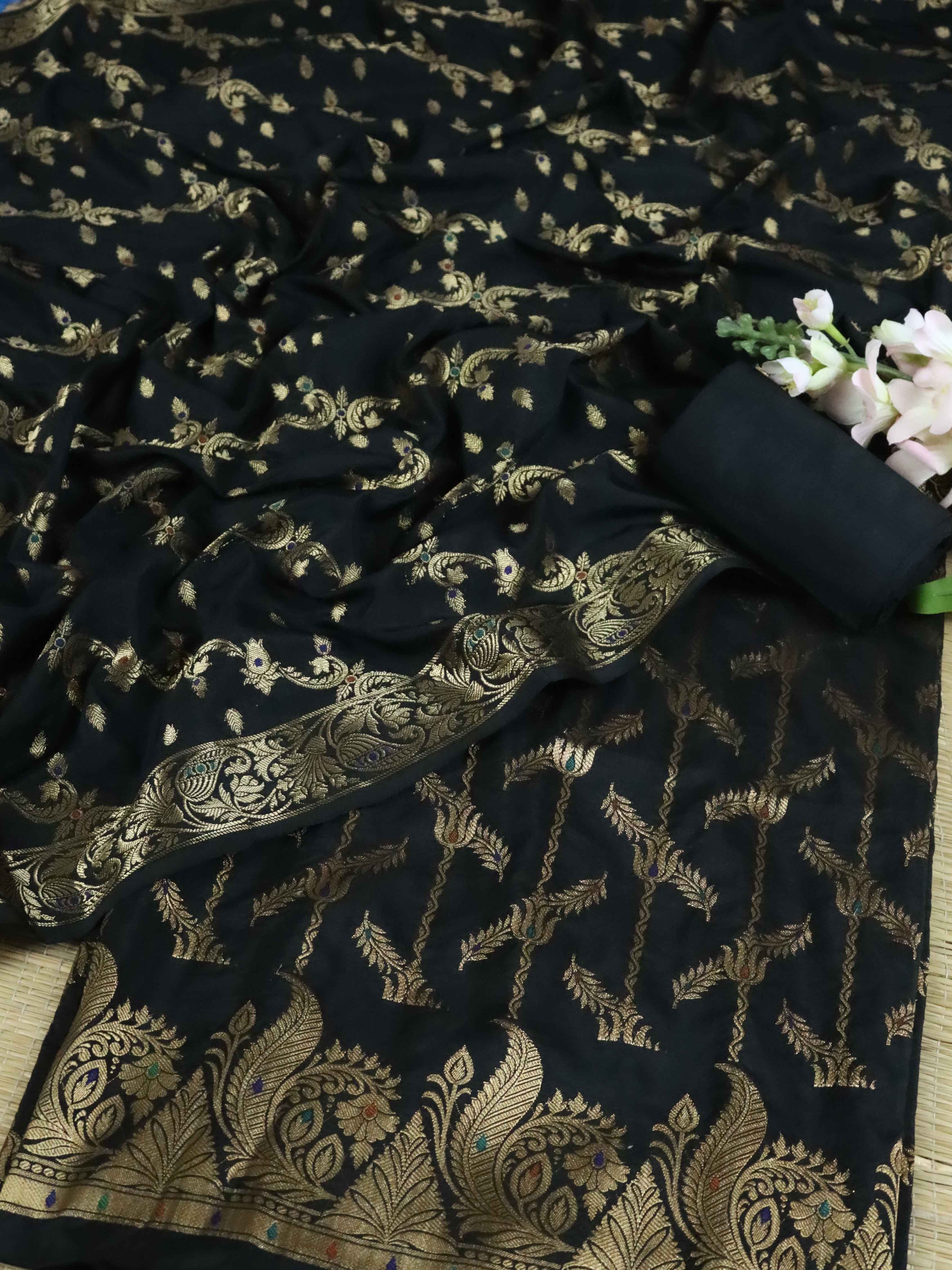 Banarasee Art Silk Zari Design Salwar Kameez With Dupatta Set-Black