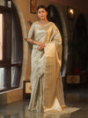 Banarasee Handwoven Tissue Saree With Silver Zari Jaal Design & Broder-Silver