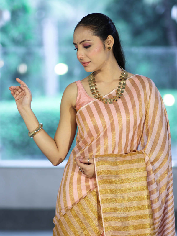 Bhagalpur Handloom Pure Linen Cotton Saree With Zari Stripes Design-Peach & Gold