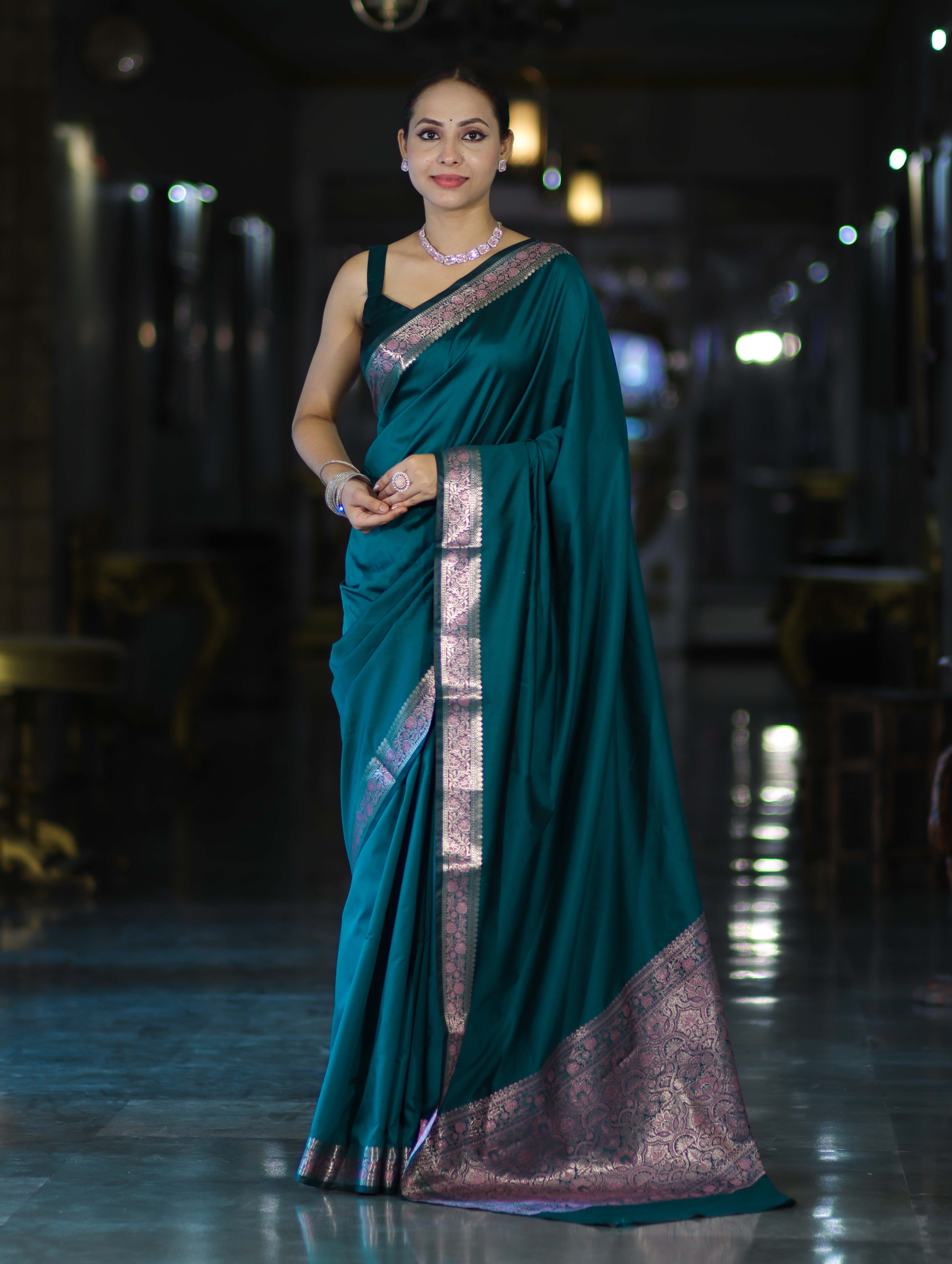 Banarasee Handloom Semi Silk Plain Saree With Floral Zari Border-Teal Blue