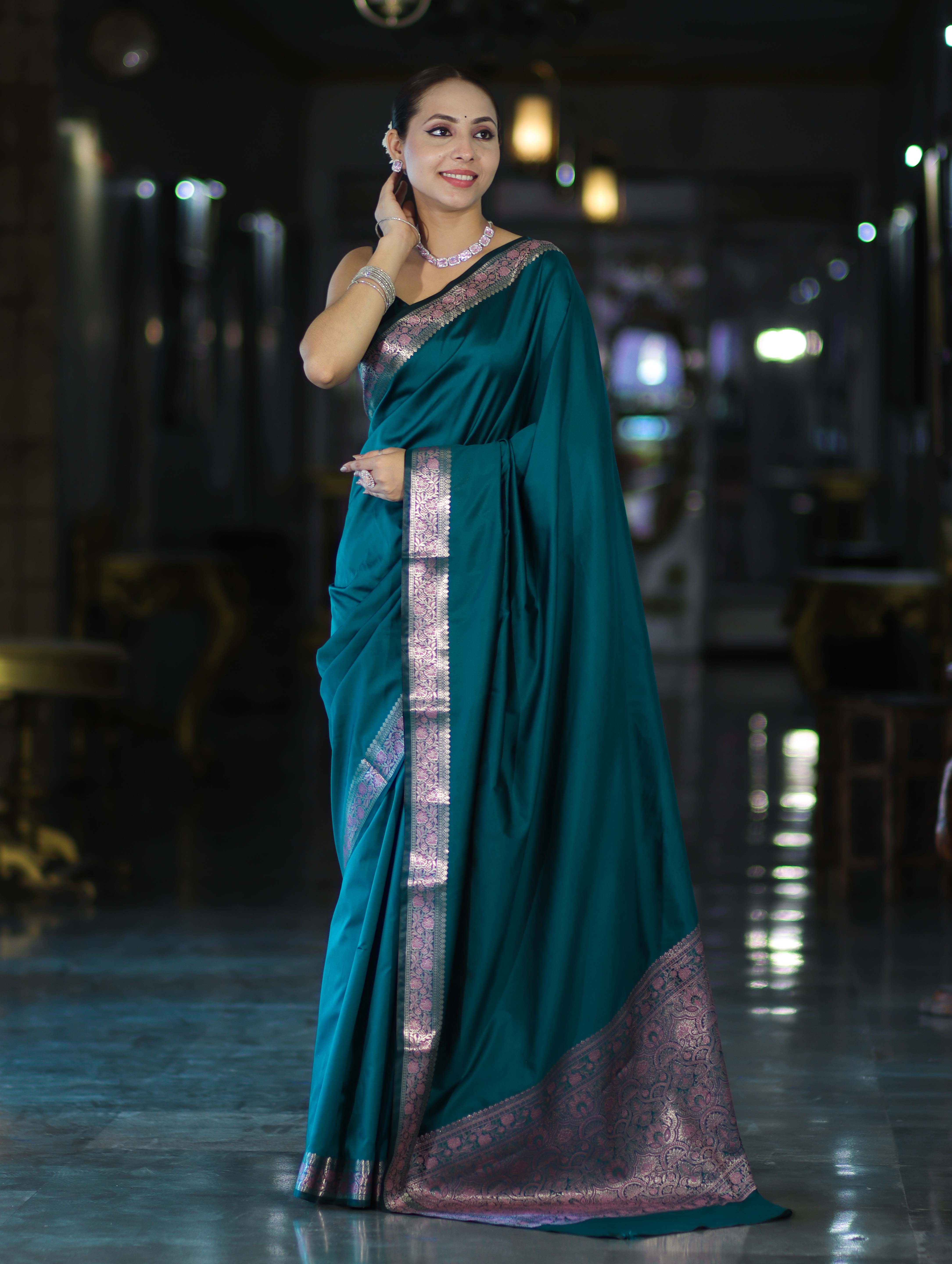Banarasee Handloom Semi Silk Plain Saree With Floral Zari Border-Teal Blue