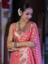 Banarasee Handwoven Georgette Saree With Zari Buta Design & Border-Peachy Pink