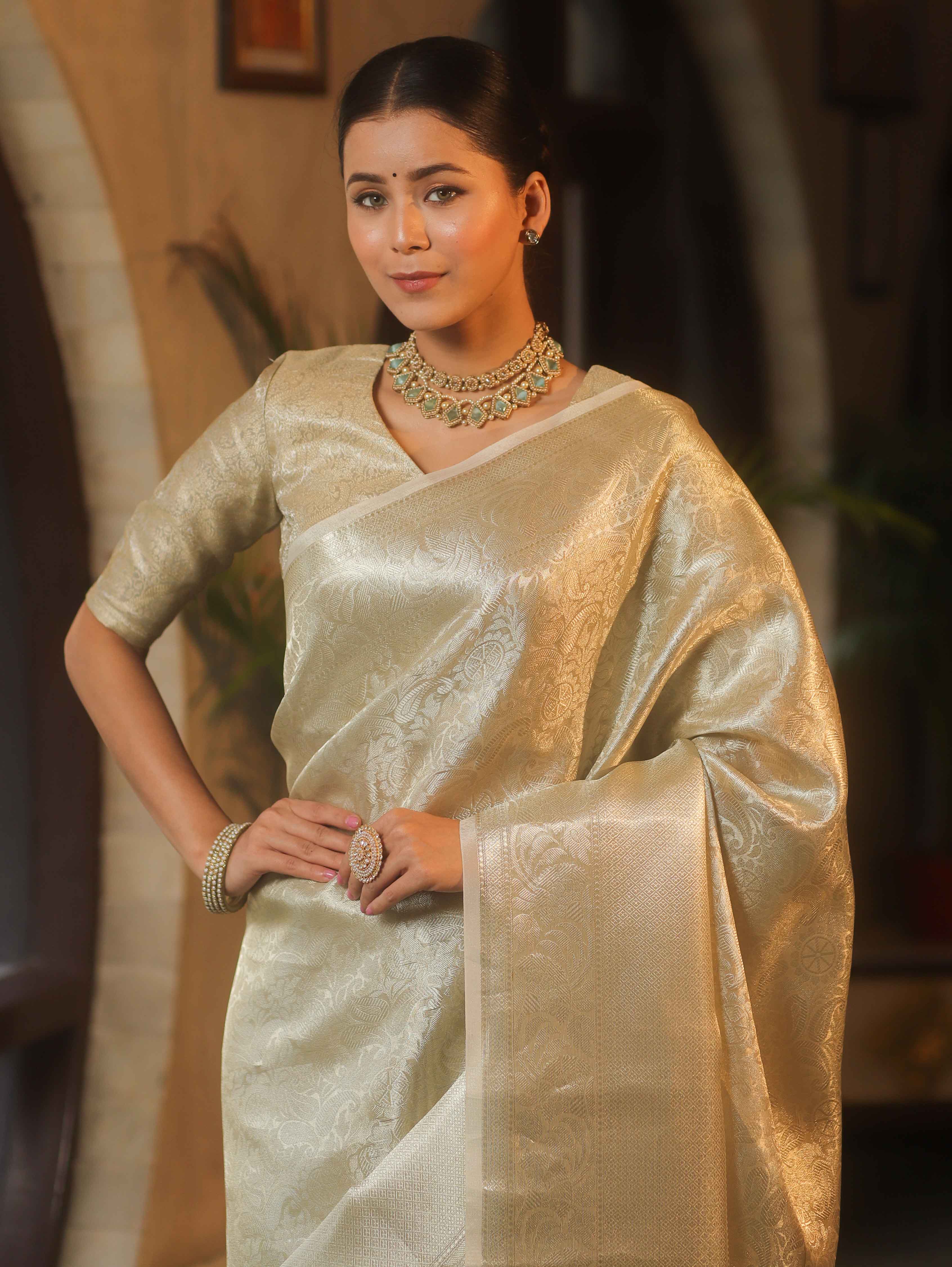 Banarasee Handwoven Tissue Saree With Silver Zari Jaal Design & Broder-Silver