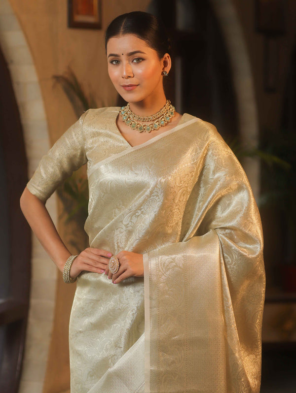 Banarasee Handwoven Tissue Saree With Silver Zari Jaal Design & Broder-Silver