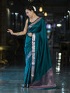 Banarasee Handloom Semi Silk Plain Saree With Floral Zari Border-Teal Blue