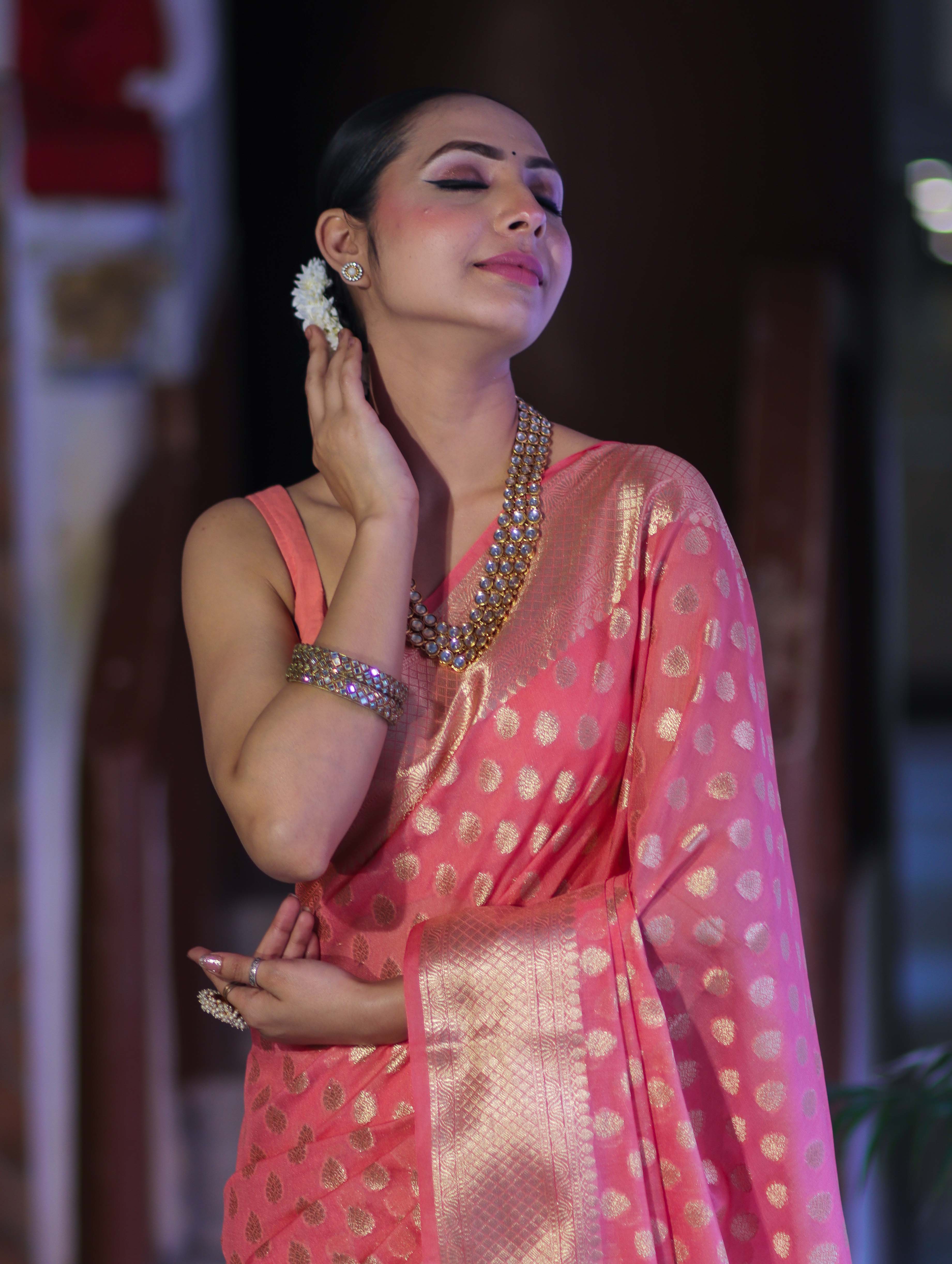 Banarasee Handwoven Georgette Saree With Zari Buta Design & Border-Peachy Pink