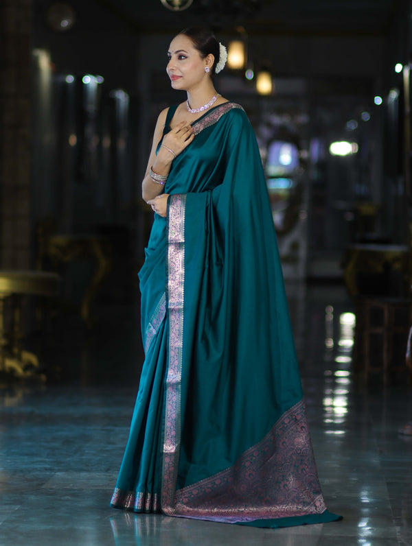 Banarasee Handloom Semi Silk Plain Saree With Floral Zari Border-Teal Blue