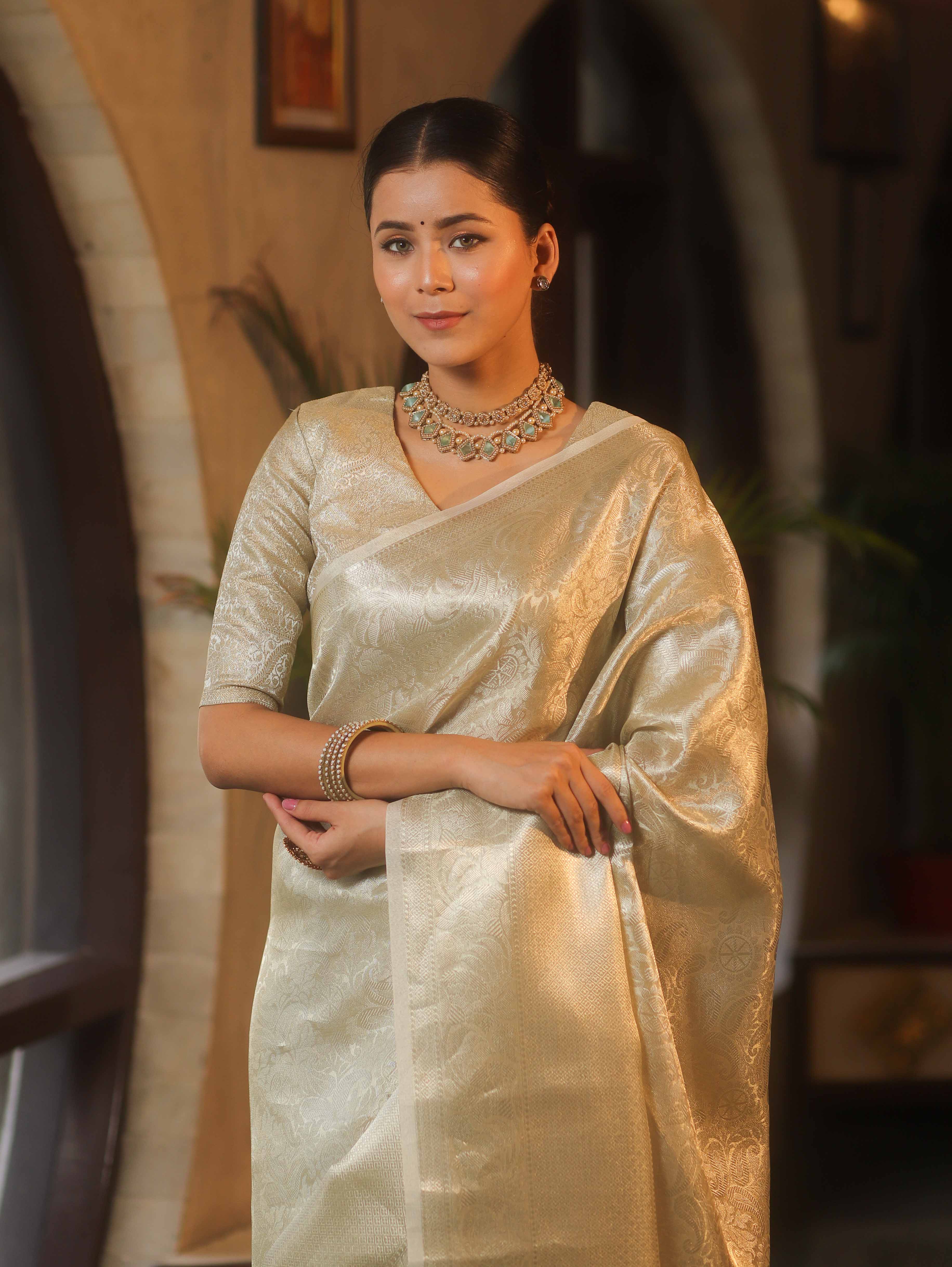 Banarasee Handwoven Tissue Saree With Silver Zari Jaal Design & Broder-Silver