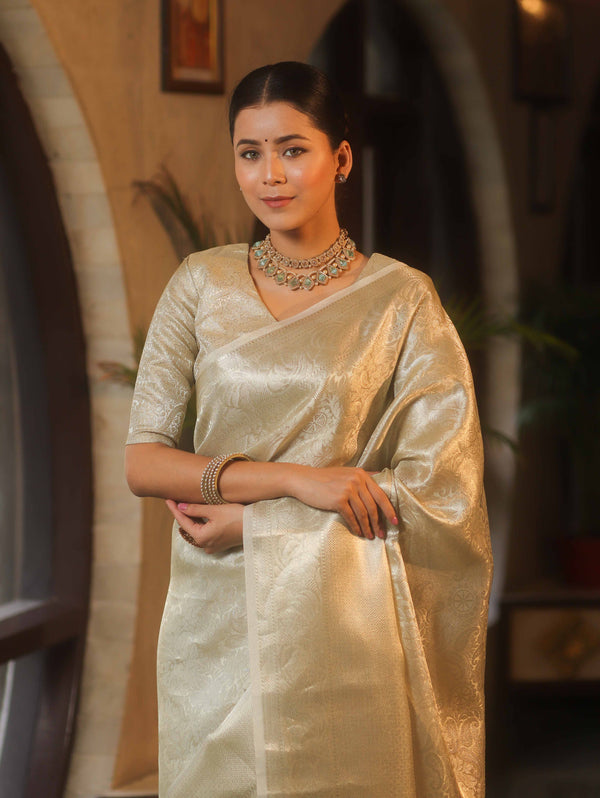 Banarasee Handwoven Tissue Saree With Silver Zari Jaal Design & Broder-Silver