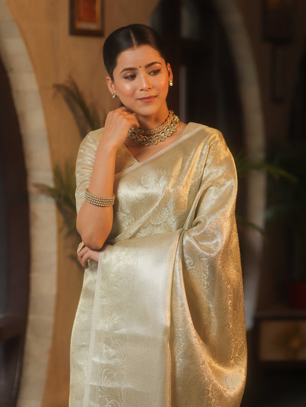 Banarasee Handwoven Tissue Saree With Silver Zari Jaal Design & Broder-Silver