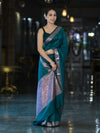 Banarasee Handloom Semi Silk Plain Saree With Floral Zari Border-Teal Blue
