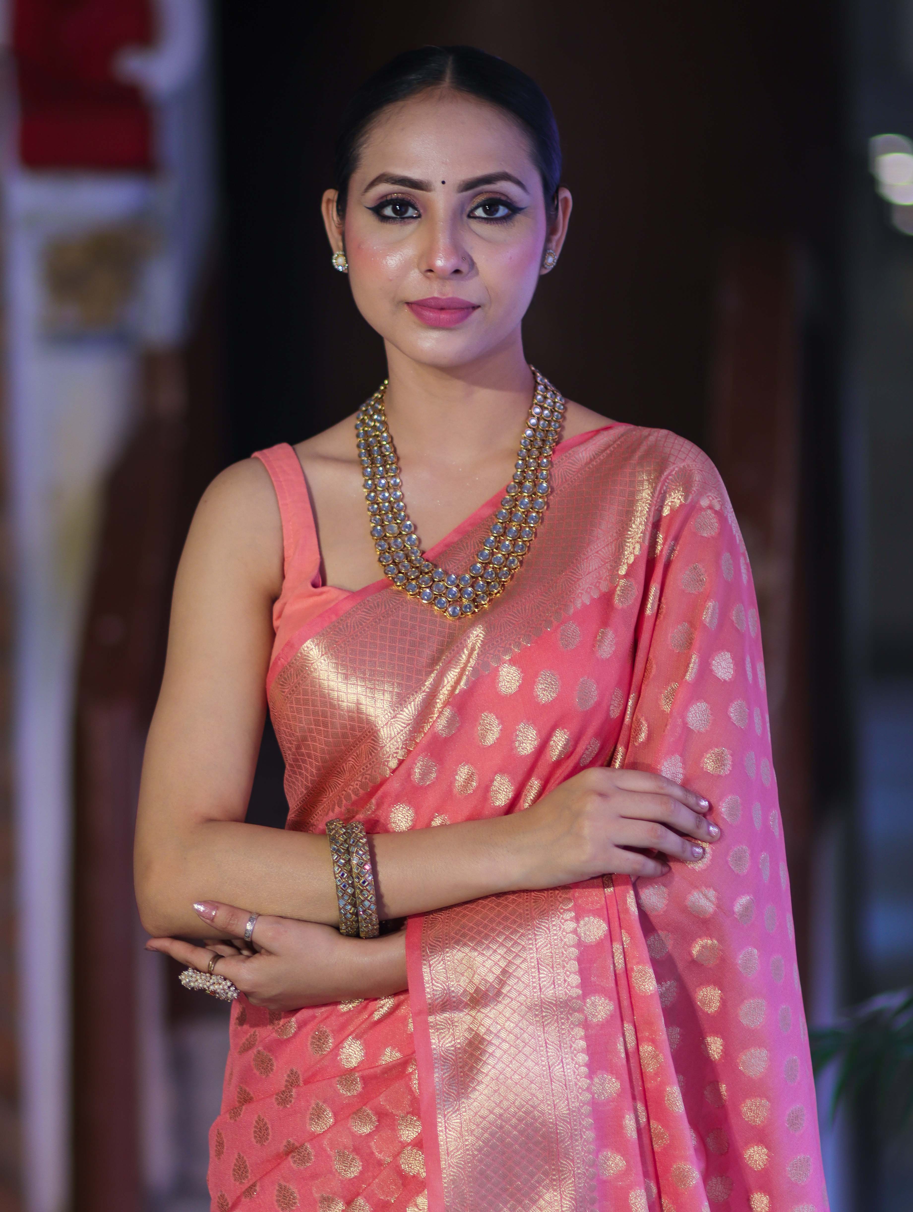 Banarasee Handwoven Georgette Saree With Zari Buta Design & Border-Peachy Pink