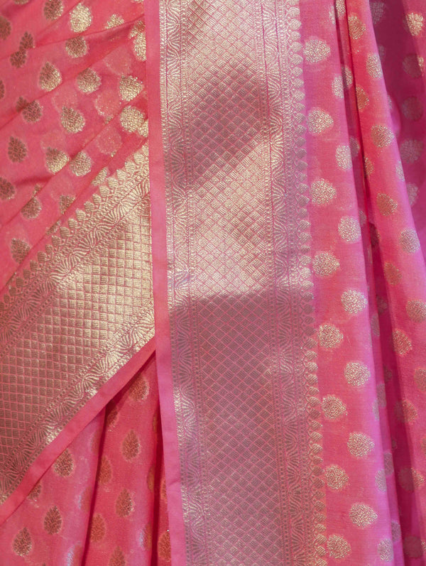 Banarasee Handwoven Georgette Saree With Zari Buta Design & Border-Peachy Pink