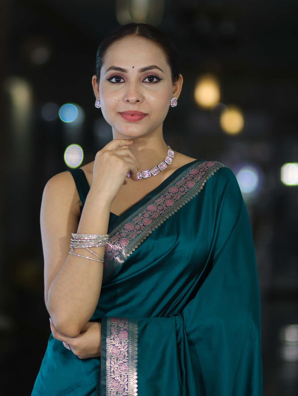 Banarasee Handloom Semi Silk Plain Saree With Floral Zari Border-Teal Blue