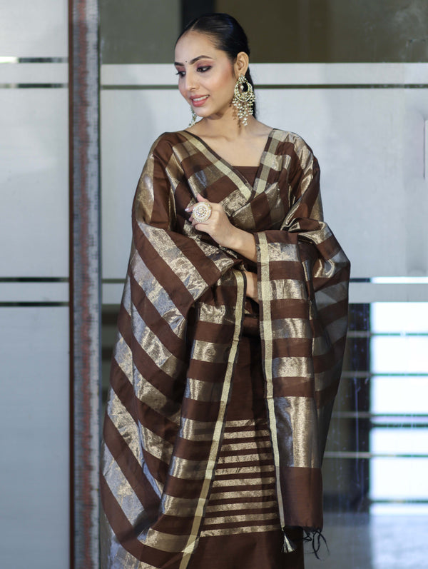 Banarasee Cotton Silk Stripe Pattern Salwar Kameez Fabric With Dupatta Set-Brown