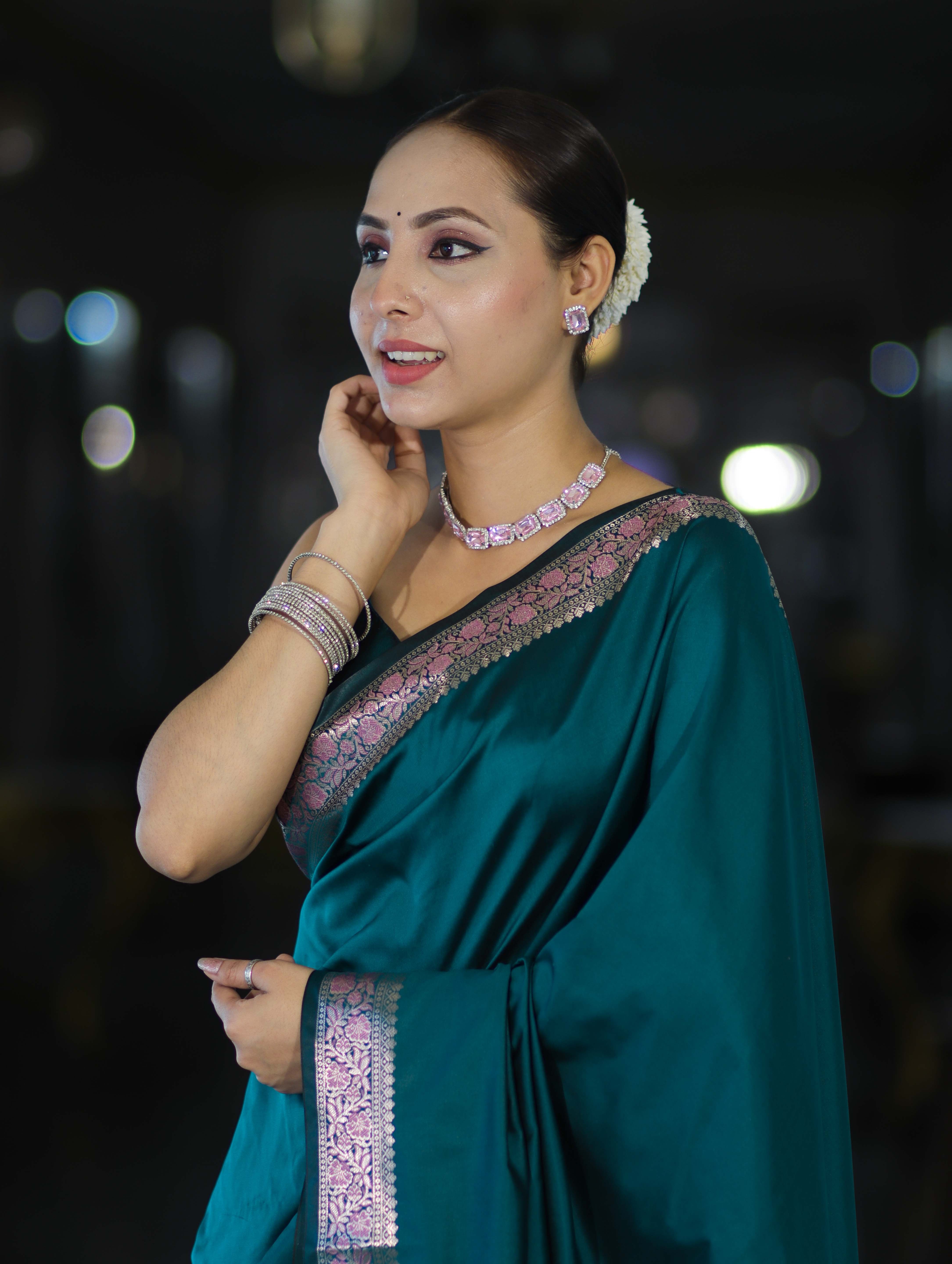 Banarasee Handloom Semi Silk Plain Saree With Floral Zari Border-Teal Blue