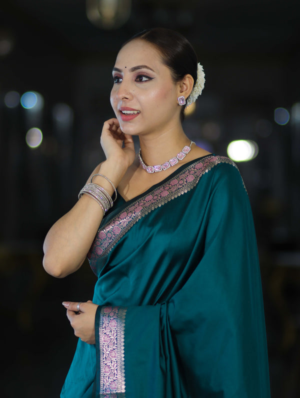 Banarasee Handloom Semi Silk Plain Saree With Floral Zari Border-Teal Blue