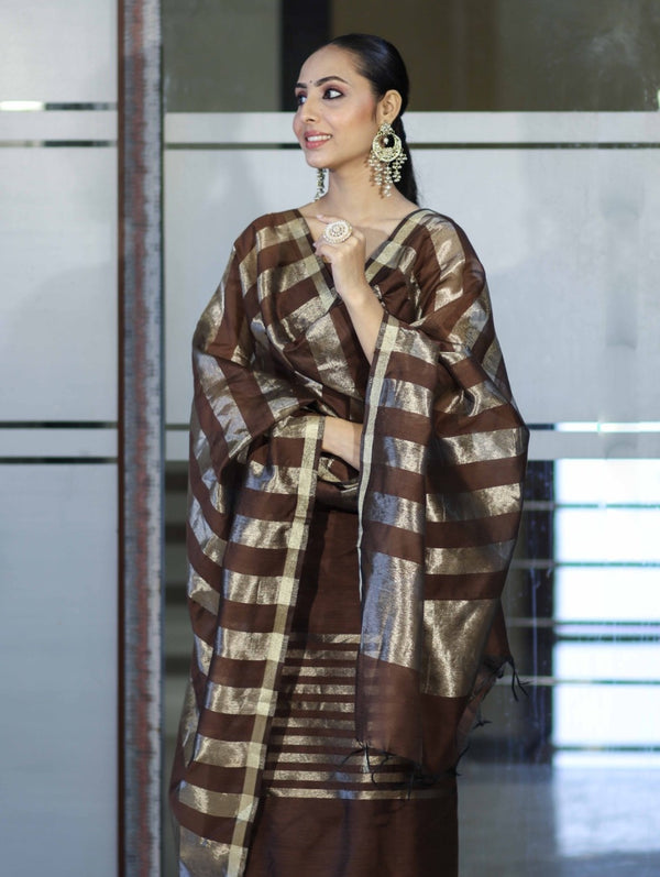 Banarasee Cotton Silk Stripe Pattern Salwar Kameez Fabric With Dupatta Set-Brown