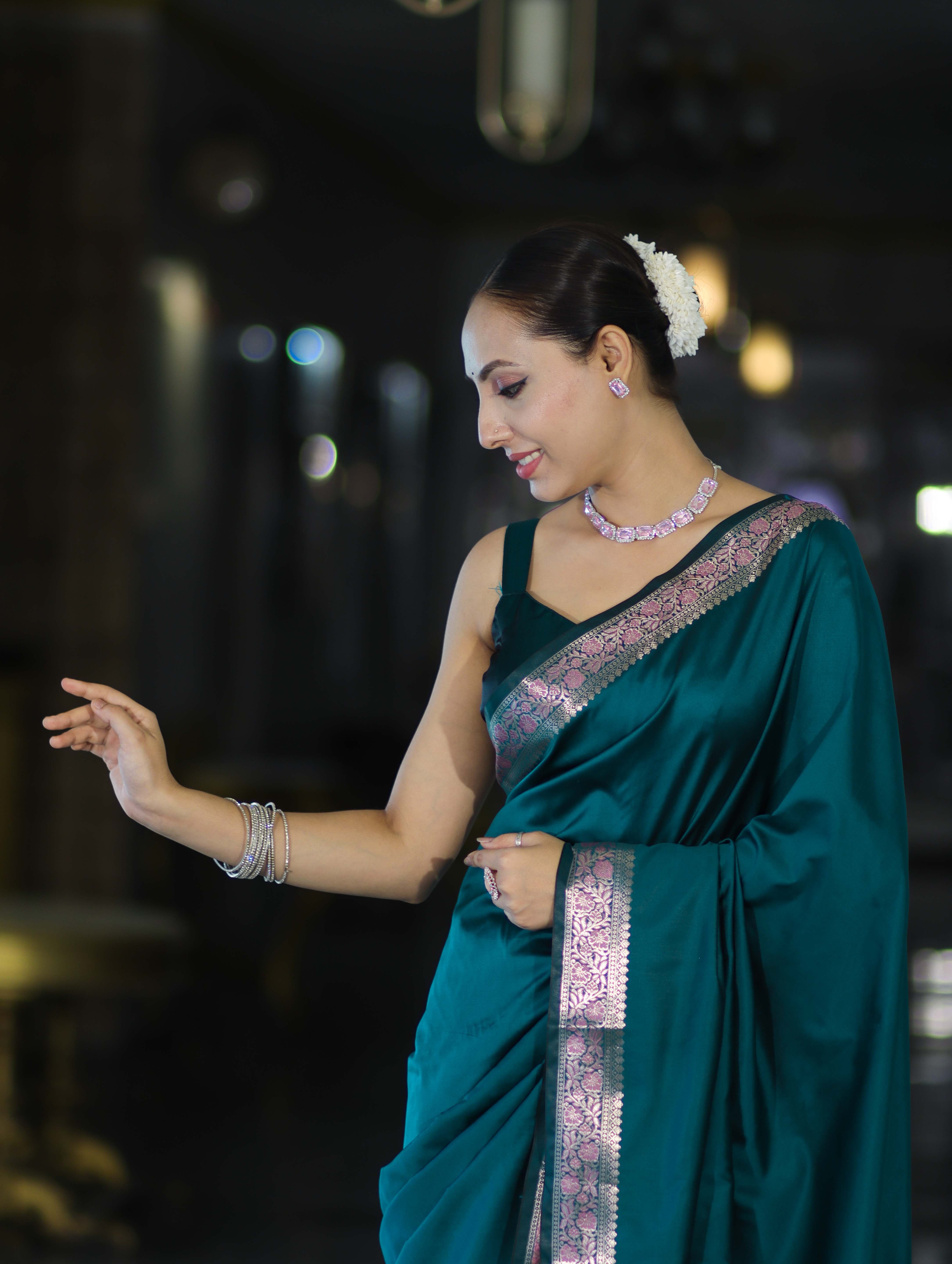 Banarasee Handloom Semi Silk Plain Saree With Floral Zari Border-Teal Blue