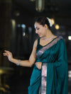 Banarasee Handloom Semi Silk Plain Saree With Floral Zari Border-Teal Blue