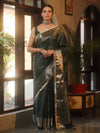 Banarasee Handwoven Semi Silk Saree With Gold Zari Border & Lace-Green