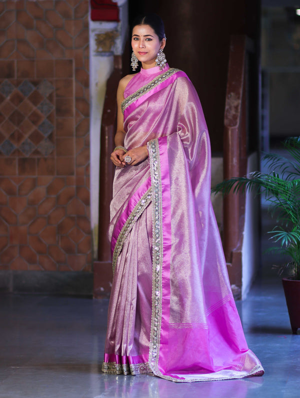 Banarasee Handloom Plain Tissue Saree With Lace Border-Onion Pink