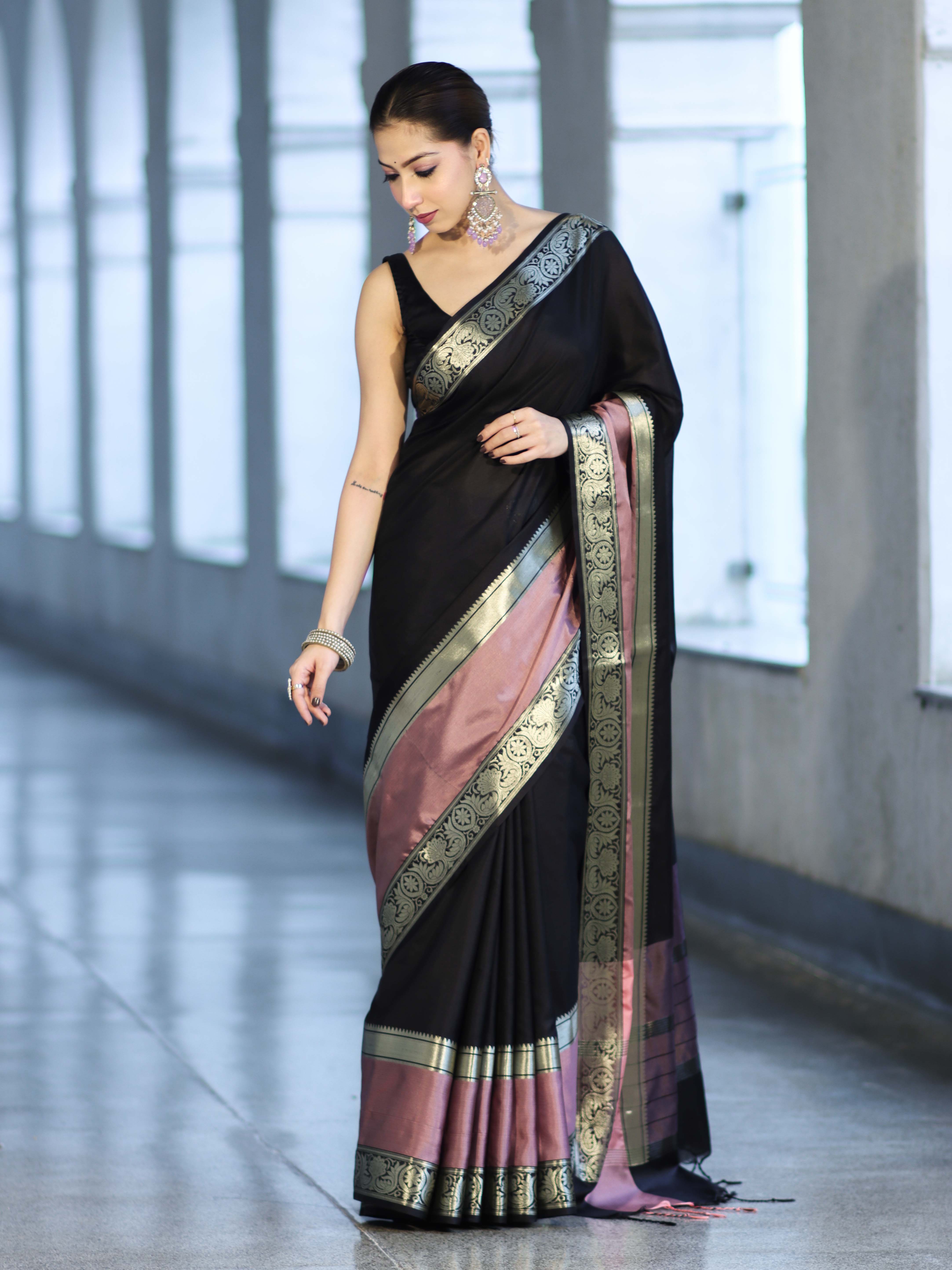 Banarasee Handloom Semi Silk Plain Saree With Contrast Broad Border-Black & Lavender