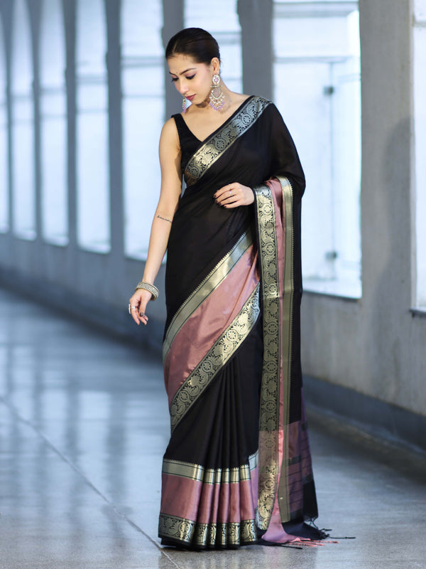 Banarasee Handloom Semi Silk Plain Saree With Contrast Broad Border-Black & Lavender
