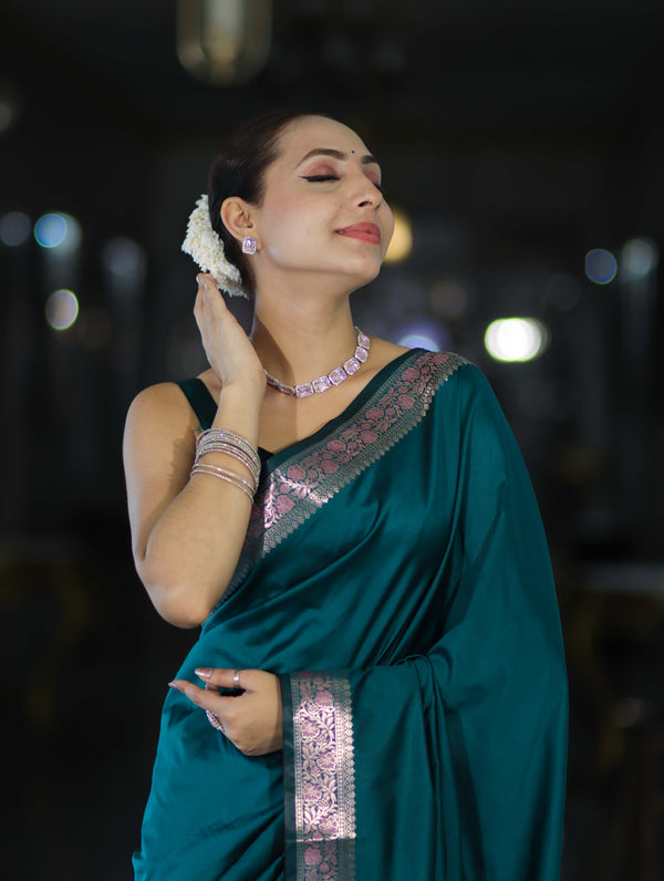 Banarasee Handloom Semi Silk Plain Saree With Floral Zari Border-Teal Blue