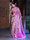 Banarasee Handloom Plain Tissue Saree With Lace Border-Onion Pink