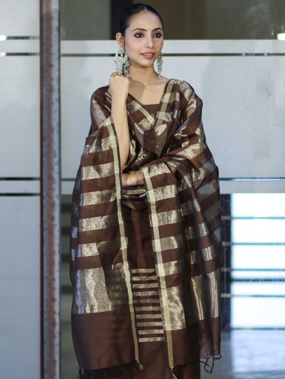 Banarasee Cotton Silk Stripe Pattern Salwar Kameez Fabric With Dupatta Set-Brown