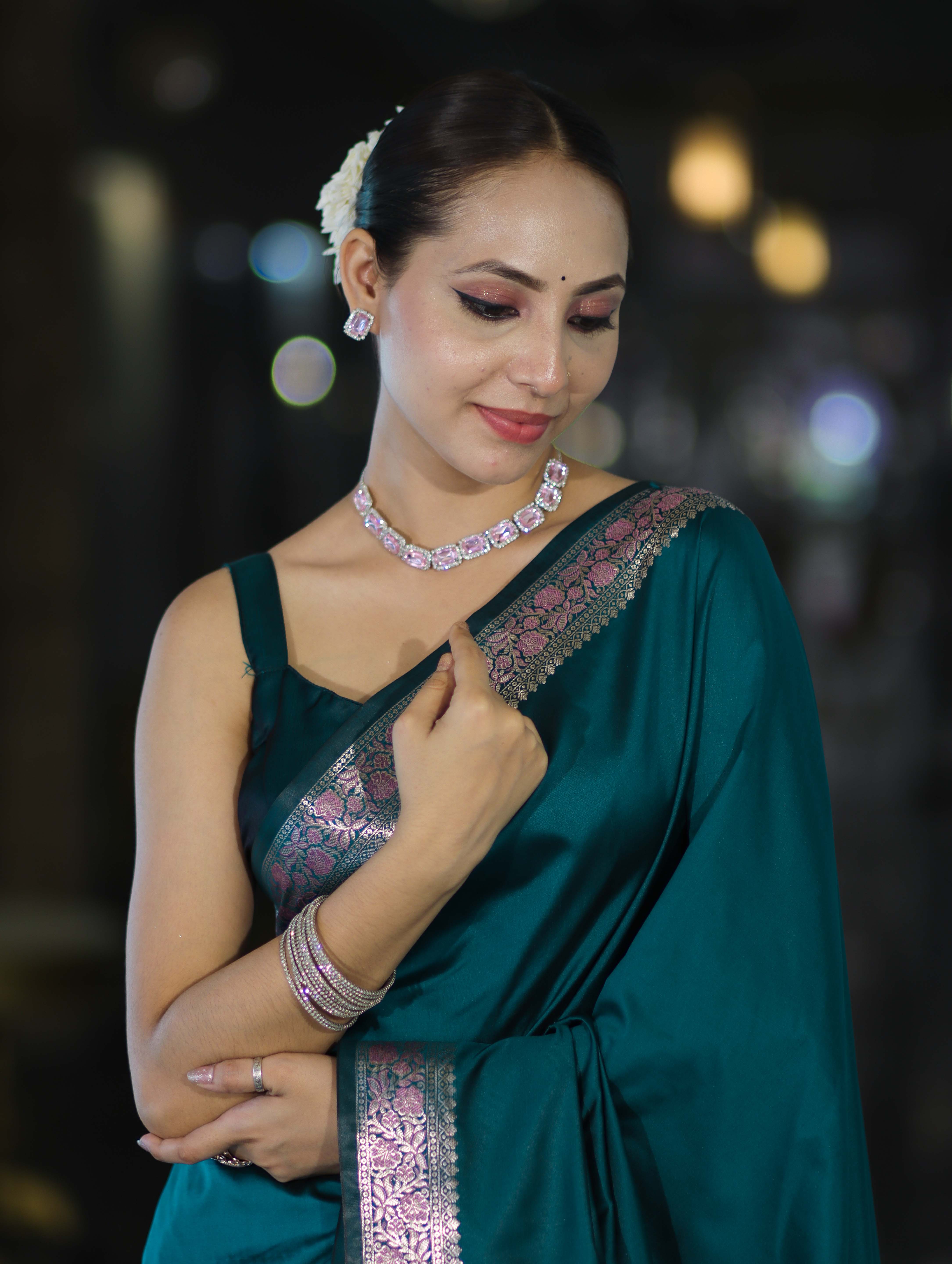 Banarasee Handloom Semi Silk Plain Saree With Floral Zari Border-Teal Blue