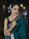 Banarasee Handloom Semi Silk Plain Saree With Floral Zari Border-Teal Blue