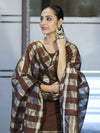 Banarasee Cotton Silk Stripe Pattern Salwar Kameez Fabric With Dupatta Set-Brown