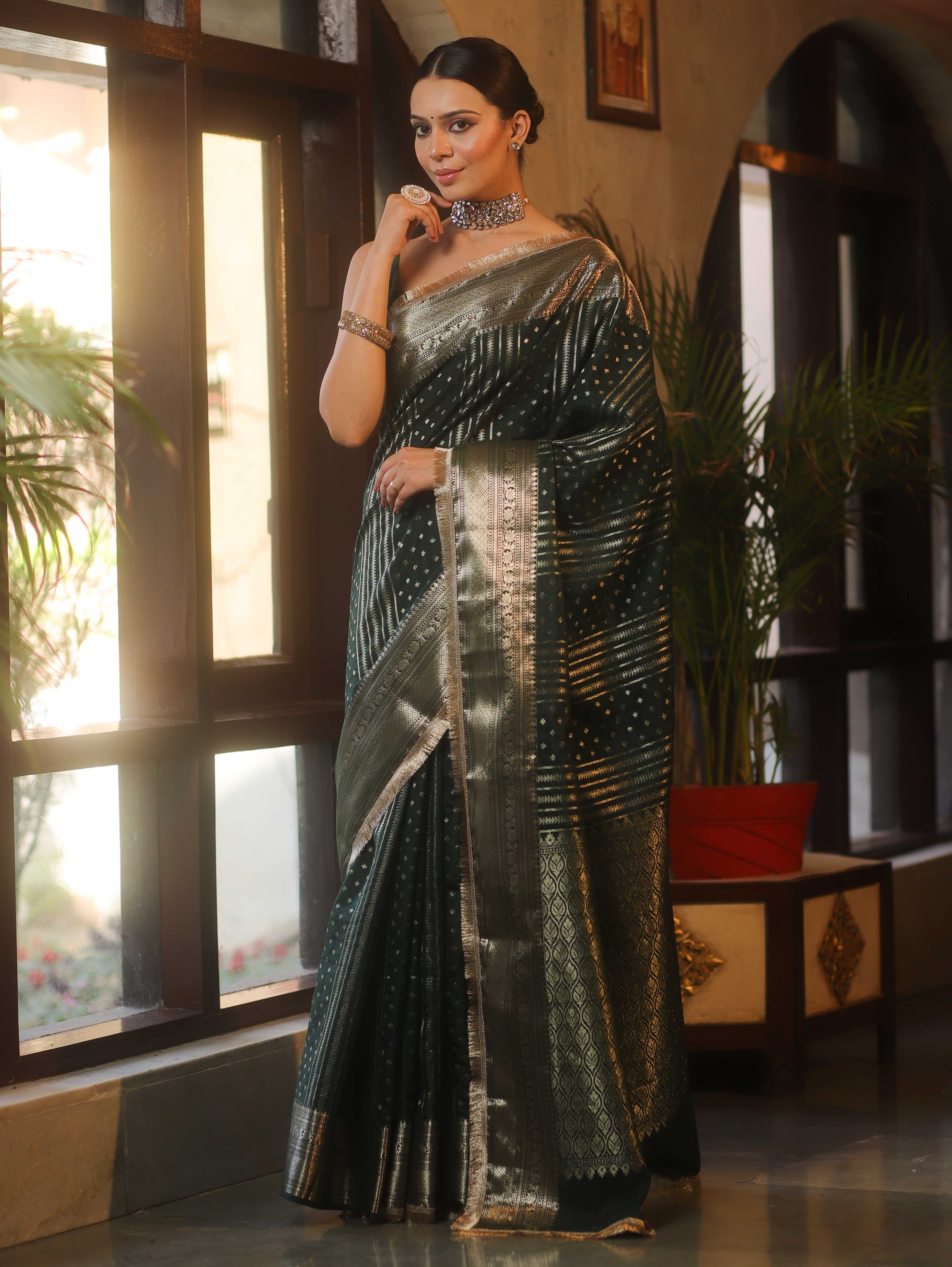 Banarasee Handwoven Semi Silk Saree With Gold Zari Border & Lace-Green