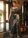 Banarasee Handwoven Semi Silk Saree With Gold Zari Border & Lace-Green