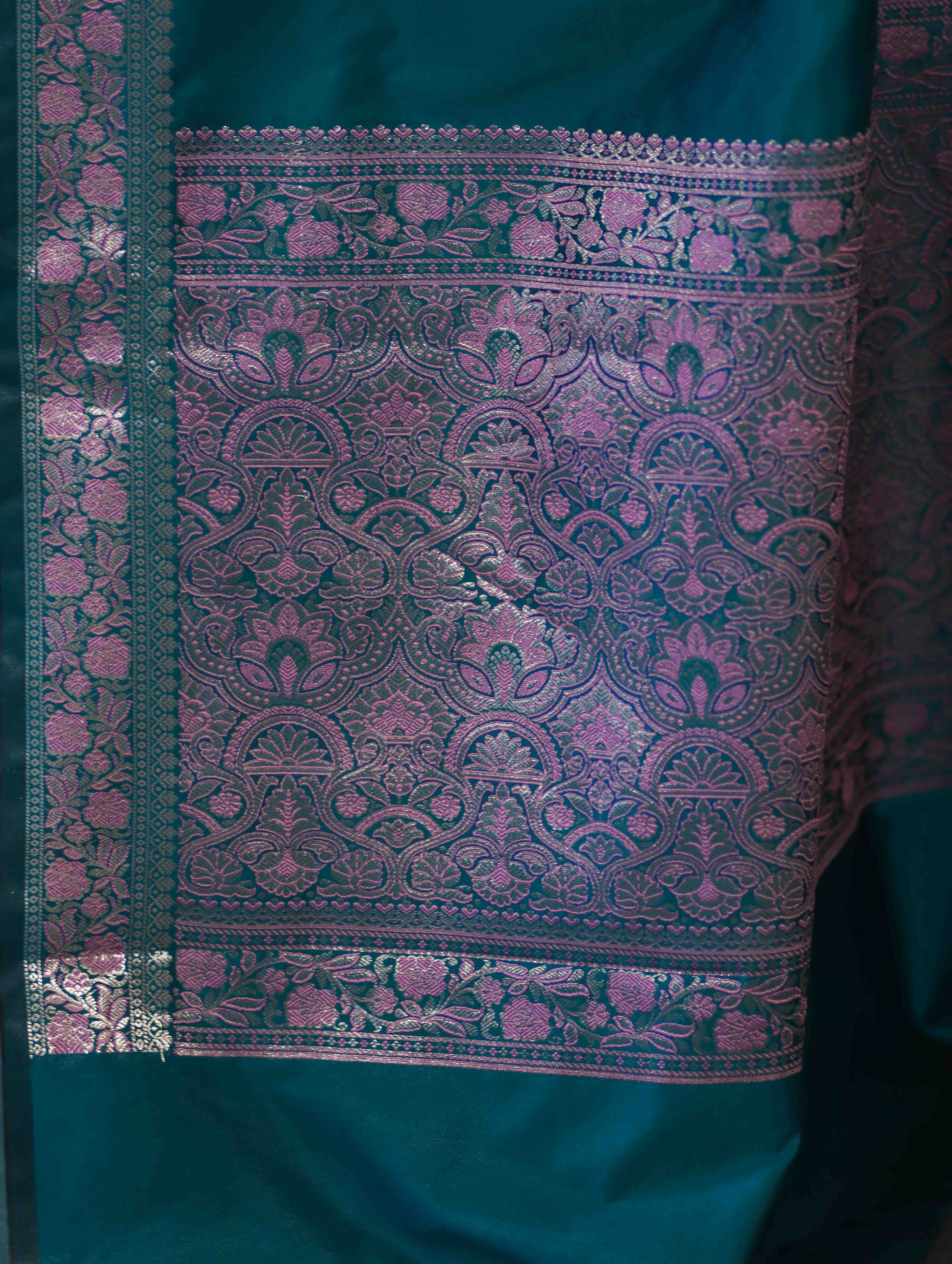 Banarasee Handloom Semi Silk Plain Saree With Floral Zari Border-Teal Blue