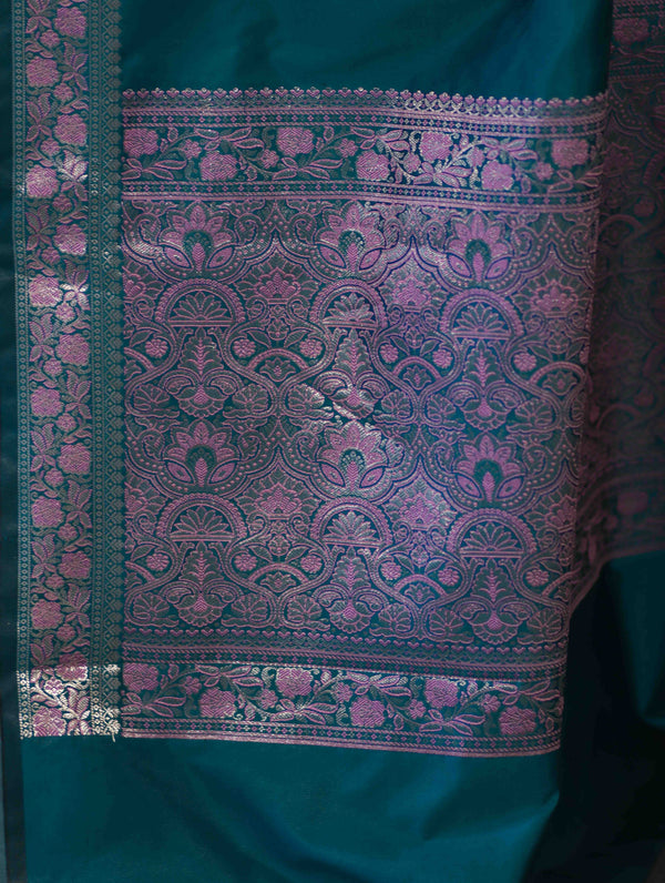 Banarasee Handloom Semi Silk Plain Saree With Floral Zari Border-Teal Blue