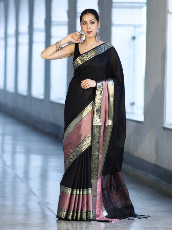 Banarasee Handloom Semi Silk Plain Saree With Contrast Broad Border-Black & Lavender